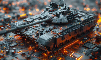 closeup on a military tank on a powerful computer board for AI taking control over war concept or race on manufacturing micro chips. Generative Ai - obrazy, fototapety, plakaty
