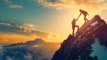 two hikers helping each other climbing a mountain at sunset, Hiker helping friend reach the mountain top , active sport concept,demonstrating strength and determination, concept of supportive friend  