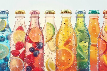 Numerous chilled fruit water, teas, and sodas glistening with condensation. A cool, thirst-quenching beverage. Ideal for various visual and promotional purposes
