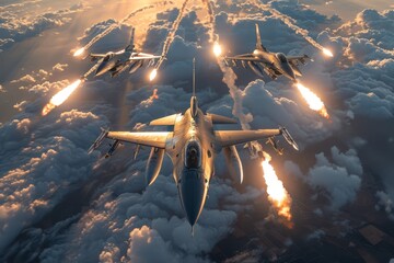 Many missiles and fighter jets flying in the sky. Modern warfare, aerial attack. 
