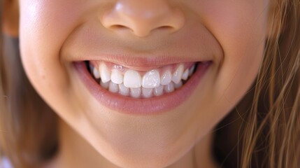 A young girl grins widely showing off her gleaming white teeth and dimpled . .