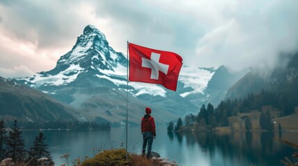 he Swiss flag fluttering in the wind. 
