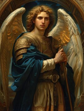Archangel Gabriel, celestial messenger and defender, bearer of divine strength, singularly revered across judaism, christianity, and islam.