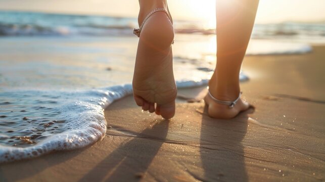 The faded tan lines where a silver anklet once adorned a womans ankle are a reminder of carefree summer days spent at the beach. .