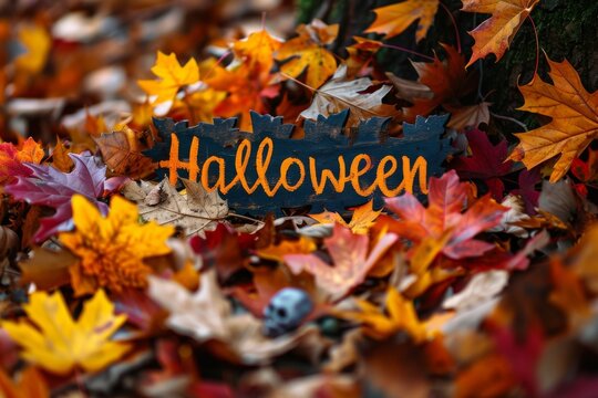 The text "Halloween" is positioned in the center of the image. Surrounding the text are autumn leaves 