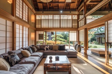Naklejka premium Modern Japanese-style interior with garden view.