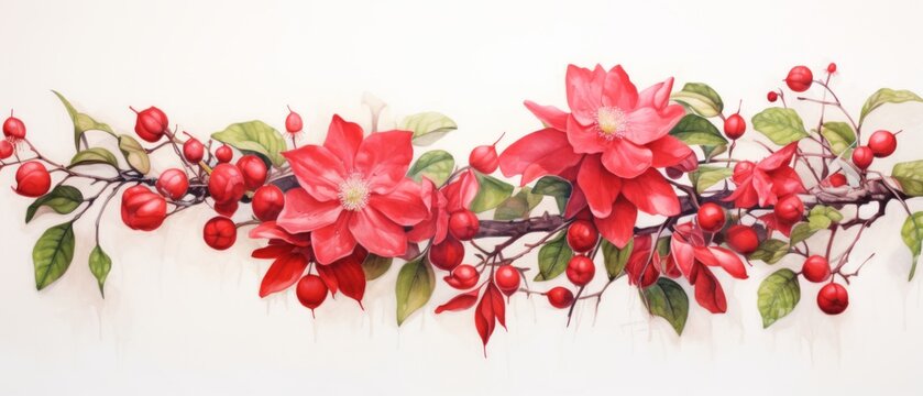 water color painting of red camelia foliage with drug capsules