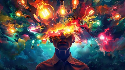 A burst of lightbulbs over a thinkers head, in a colorful explosion of creativity and inspiration