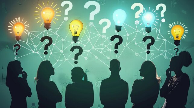 Silhouettes of a diverse team, idea bulbs above their heads, connected by question marks, in a creative workshop