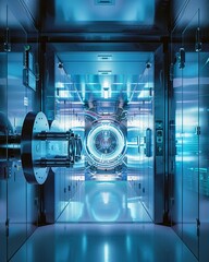 A vault door opening to a room of digital assets, symbolizing business security, wealth protection, and surveillance - obrazy, fototapety, plakaty