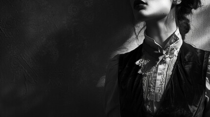 The contours of a womans face are shrouded in shadow adding a mysterious quality to the portrait. Her outfit is a mix of different textures with a lace blouse leather waistcoat and . - obrazy, fototapety, plakaty