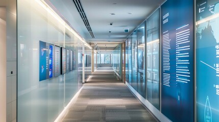 A hallway in a corporate building, walls lined with displays of key milestones in the companys history, inspiring progress and navigation