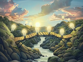 Lightbulbs forming a bridge over a creative landscape, guiding the path of inspiration and thought