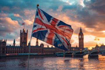 The United Kingdom flag fluttering in the wind On the background of Lonlon and Big Ben
