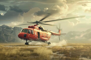 Fototapeta na wymiar Rescue helicopter landing in remote area