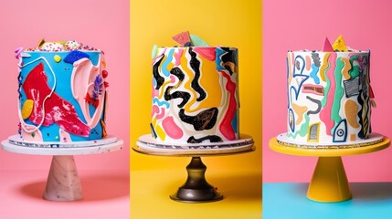 A montage of three cakes each one uniquely decorated with icing in the style of a different art...