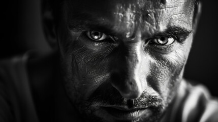 Strong and stoic a man is captured in a black and white portrait the contrast between light and dark adding depth to his intense gaze and creating a powerful and elegant monochromatic . - obrazy, fototapety, plakaty