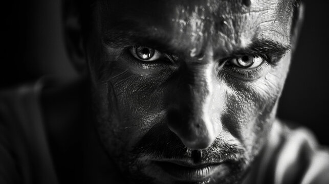 Strong and stoic a man is captured in a black and white portrait the contrast between light and dark adding depth to his intense gaze and creating a powerful and elegant monochromatic .