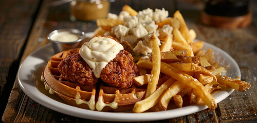 From an elevated perspective, a tempting plate of chicken on waffle, crispy fries, and creamy mayo is displayed in all its savory glory - obrazy, fototapety, plakaty