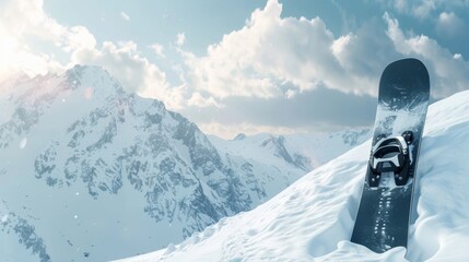 Blank mockup of a snowboard leaning against a snowy mountain waiting for a ride down. . - obrazy, fototapety, plakaty