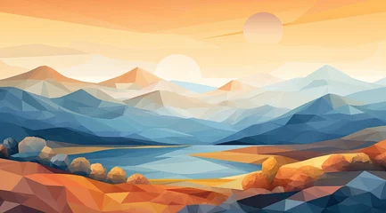 Rolgordijnen a low poly landscape with mountains and a lake © Xanthius