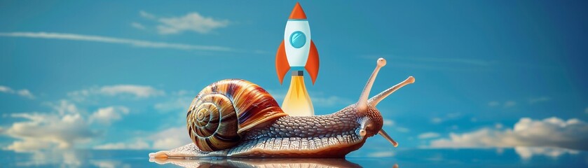A motivational poster depicting a snail transforming into a rocket, symbolizing the acceleration of business momentum from slow beginnings - obrazy, fototapety, plakaty