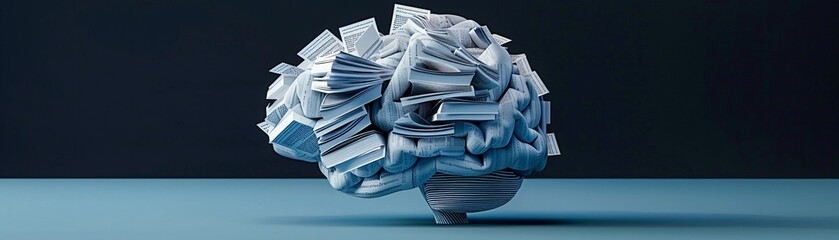 A brain made of pages and notes, symbolizing the deep dive into memory research and psychology