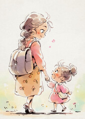 Cartoon Drawing: a Young Girl and a Woman, Mother and Daughter