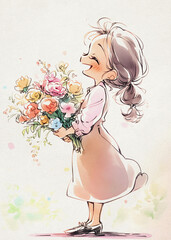 Cartoon Drawing: a Woman, Mother holding a flower bouquet.