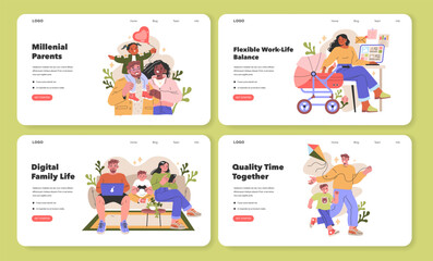 Millennial Parents website set. Vector illustration for digital platforms.