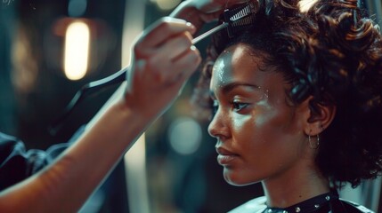 Fototapeta premium In a trendy salon a multitalented hairdresser showcases their creativity and precision as they use a curling wand hair clips and a razor to craft a trendy asymmetrical bob for their .