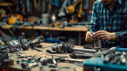A shot of a person sitting at a workbench surrounded by tools and mechanical parts as they carefully inspect and yze a piece of machinery in need of repair. . - obrazy, fototapety, plakaty