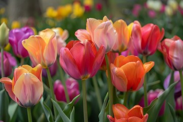 Colorful tulips in sunlight with blurred background, vibrant spring flowers