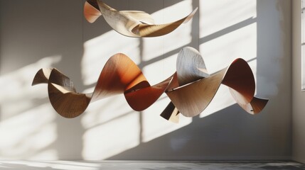 The third image features a unique floating installation of abstract shapes made from different materials such as metal wood and acrylic. The shapes seem to defy gravity and cast intricate .
