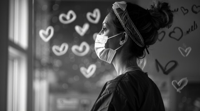 A striking black and white image of a nurse exhausted but determined standing in front of a hospital window adorned with handdrawn rainbows and hearts representing the hope and resilience .
