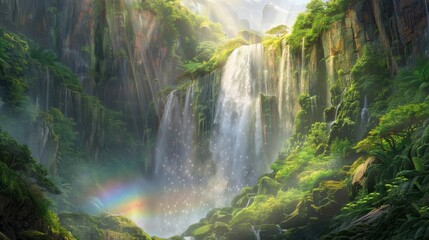 A dynamic image of a waterfall cascading down a moss-covered cliff after a heavy rain. The air is...