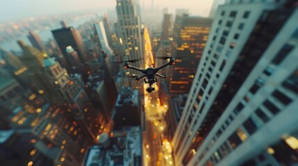 Drone aerial view captures the city illuminated by artificial lights at night, showcasing the urban landscape filled with buildings, roads, and vehicles. The cityscape looks vibrant and dynamic, with