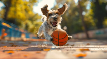 A delightful scene featuring a Cute Dog with an orange basketball ball on a sports court