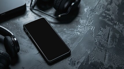 black smartphone with bluetooth headphone on black table - obrazy, fototapety, plakaty