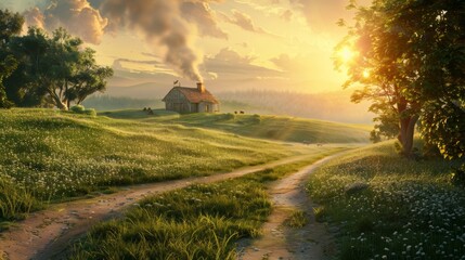 A panoramic view of a lush green field bathed in the warm glow of the setting sun. A winding path leads towards a traditional farmhouse, where smoke curls from the chimney hinting at a delicious Passo - Powered by Adobe