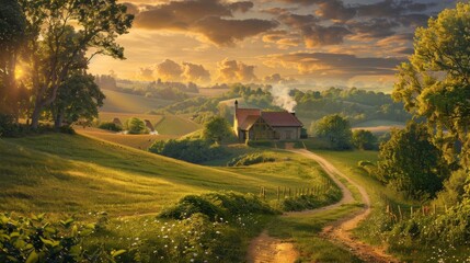 A panoramic view of a lush green field bathed in the warm glow of the setting sun. A winding path leads towards a traditional farmhouse, where smoke curls from the chimney hinting at a delicious Passo