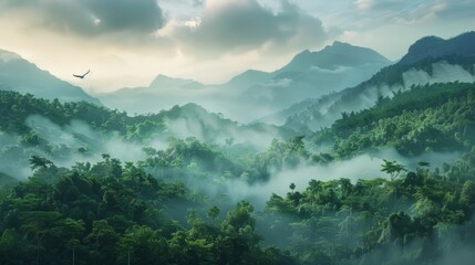 A panoramic view of a mountain forest bathed in the soft light of dawn after a night of rain. Mist hangs low over the valley, slowly revealing the majestic peaks cloaked in lush greenery. A lone bird  - obrazy, fototapety, plakaty