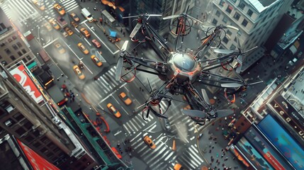 Drone aerial view shows a cityscape filled with bustling traffic, including cars, buses, and trucks moving along congested streets. The urban landscape is dotted with high-rise buildings - Powered by Adobe