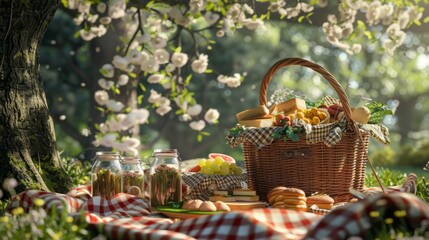 A picnic scene with a wicker basket overflowing with delicious treats.Alongside sandwiches and fruit, several glass jars containing homemade pickled vegetables peek out. - obrazy, fototapety, plakaty