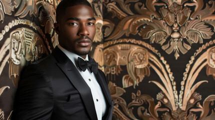 Donning a sharp tuxedo a black man leans nonchalantly against a wall adorned with intricate art deco patterns. His intense gaze and chiseled jawline exude confidence and poise while .
