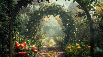 Secret garden gate opening to a world where vegetables grow as large as trees