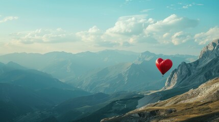 A vibrant red heart shaped balloon gracefully glides through the sky above a majestic mountain range, adding a pop of color to the serene landscape. - 782647985