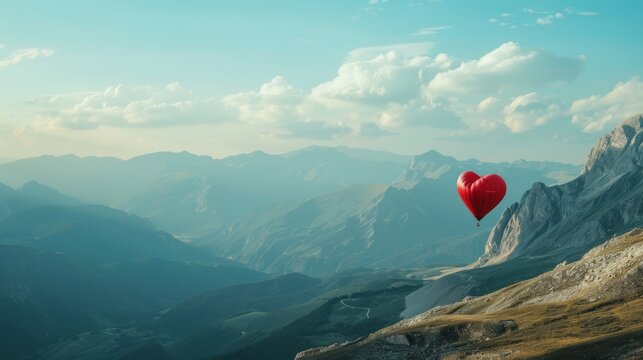 A vibrant red heart shaped balloon gracefully glides through the sky above a majestic mountain range, adding a pop of color to the serene landscape.