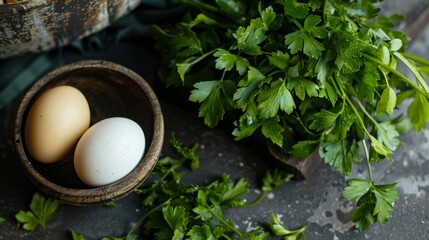 Beitzah (roasted egg): Symbolizes spring and the cycle of life. Karpas (green vegetable): Symbolizes spring and rebirth. Often parsley is used - 782648169