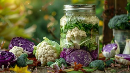 Cabbage broccoli cauliflower marinated pickled in glass,fresh Cabbage cauliflower in the garden background - 782648315